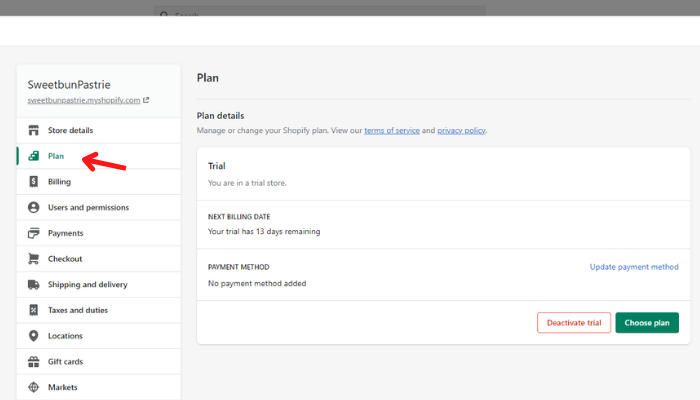 Shopify Plan settings