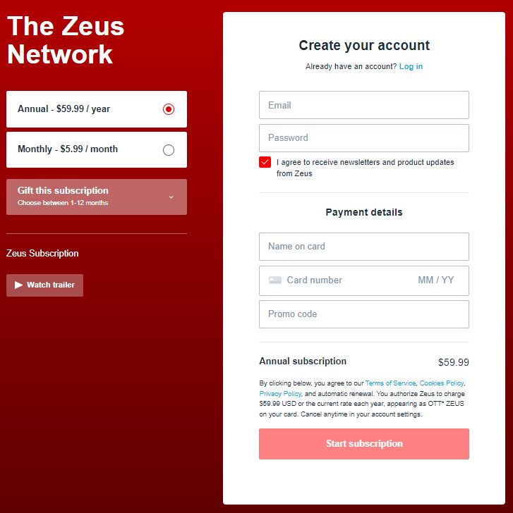 Zeus Network Free Trial- Tap start subscription 