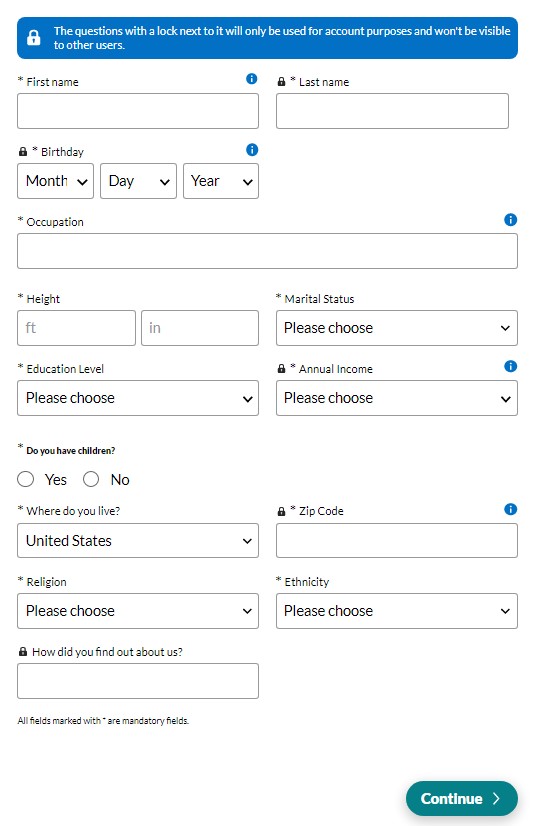 Filling details on eHarmony platform