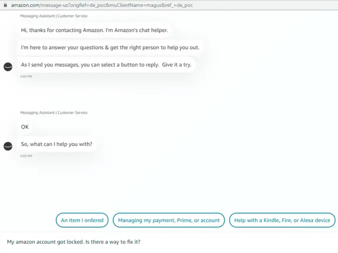 Unlock Amazon account via live chat