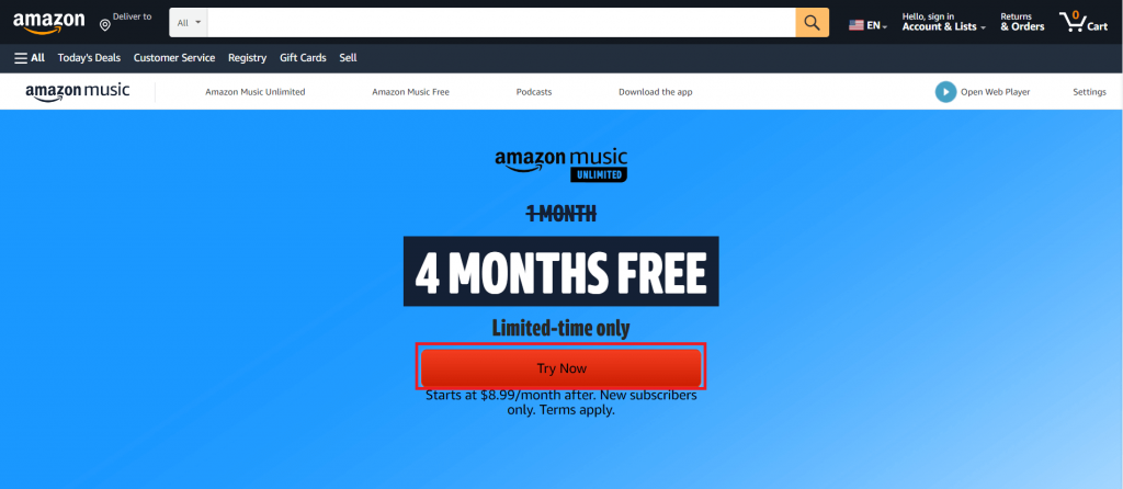 click on the Try Now button to get Amazon Music Unlimited free trial