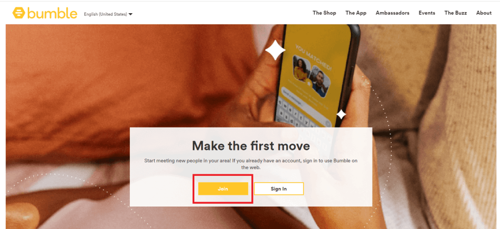 Tap Join to sign up for Bumble account