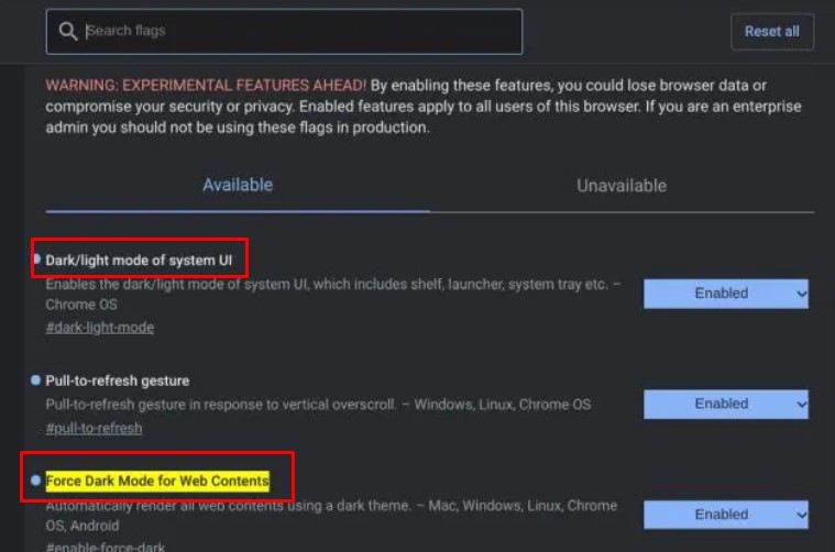Chrome flags for dark mode