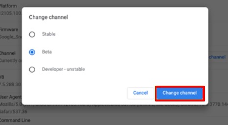 Changing channel to enable dark mode on Chromebook