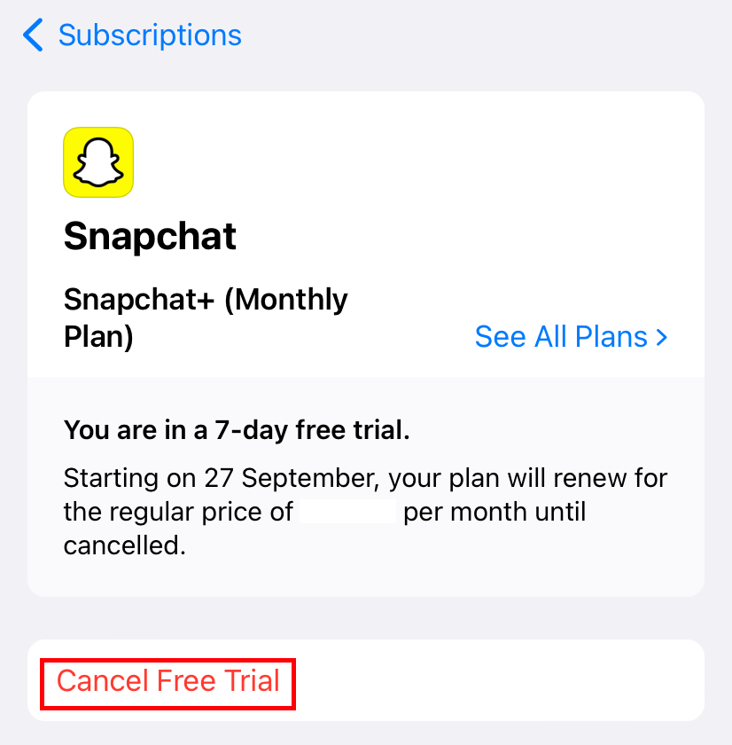 Select Cancel Free trial to Cancel Snapchat Plus 