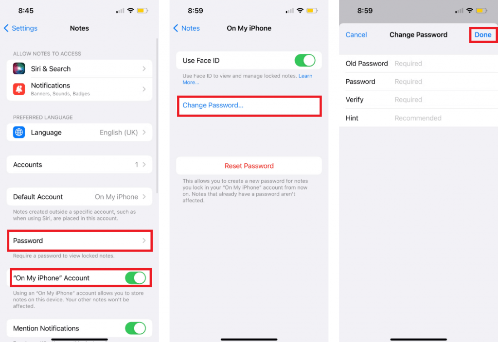 Change Notes Password on iPhone