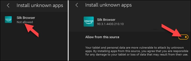 Enable Allow from this source on Silk browser