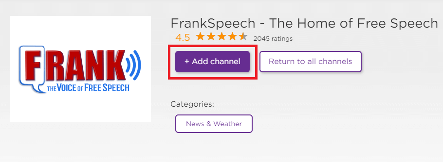 Tap on the Add Channel button to Get FrankSpeech on Roku