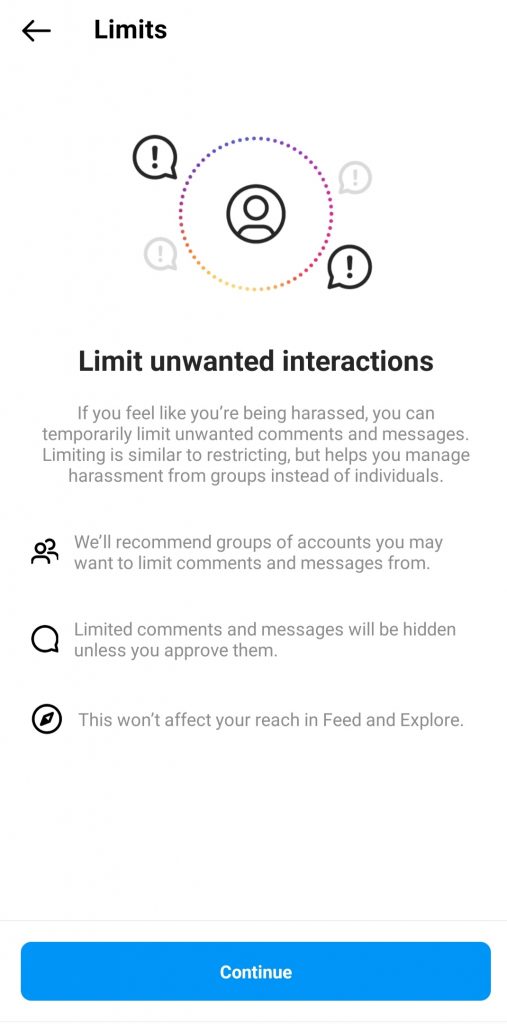 Click Continue to enable Limit Comments on Instagram