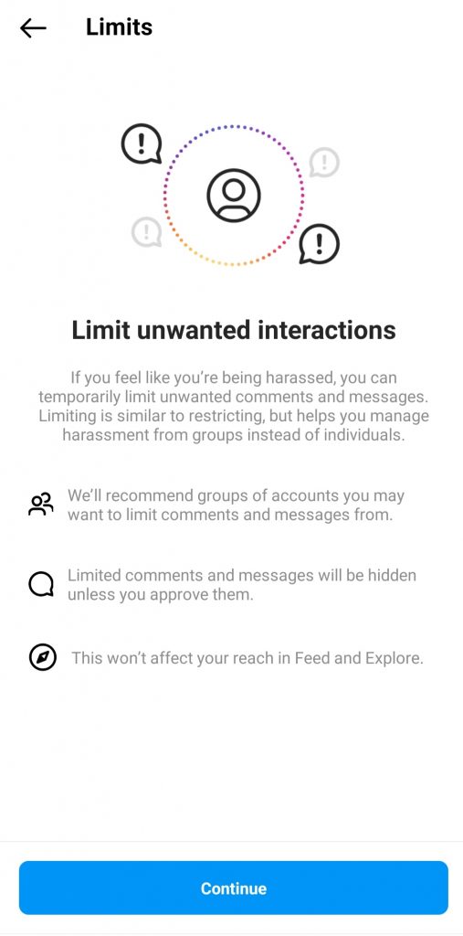 Click Continue to enable  Limit Comments on Instagram 