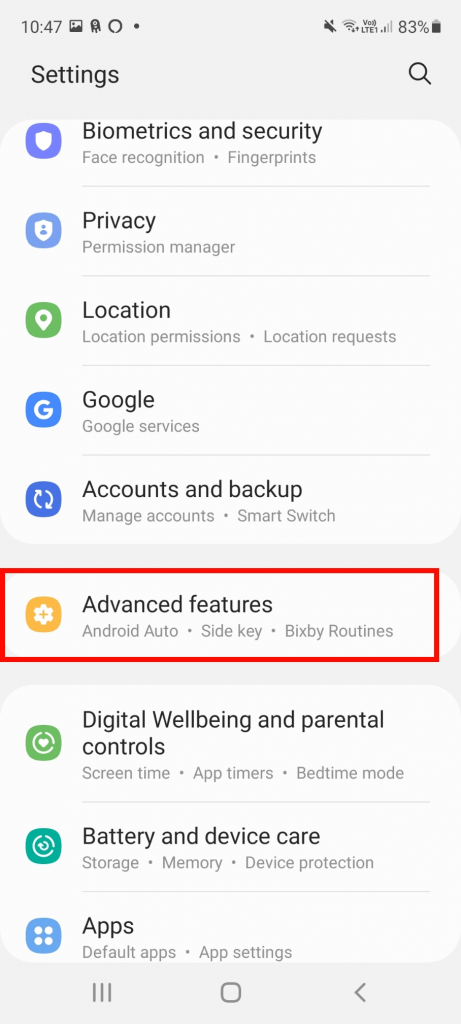 select the Advanced Features option