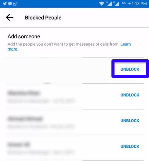 Method to unblock someone on Messenger