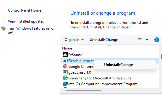 Uninstall Genshin Impact via control panel