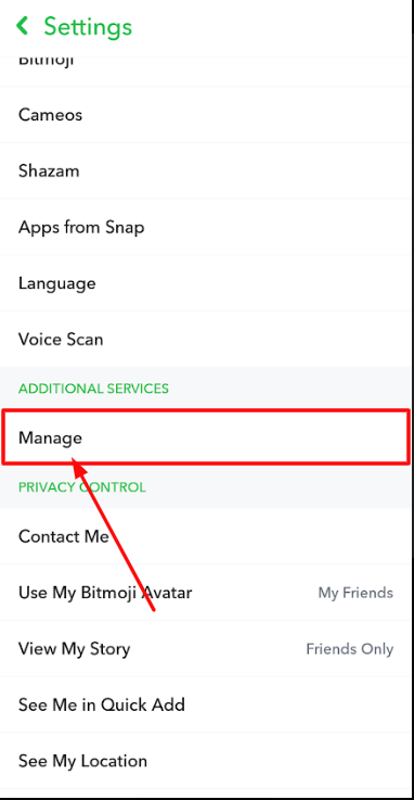 Click Manage option from Snapchat Settings