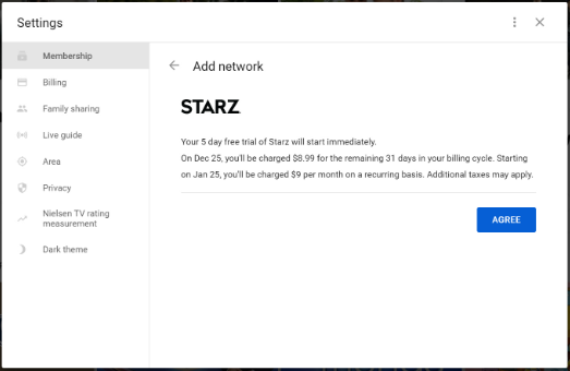 Click Agree to add Starz add-on