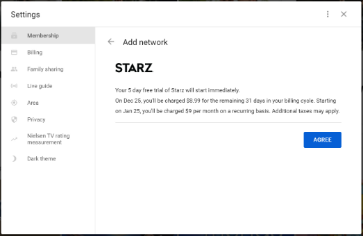 Click Agree to add Starz add-on 