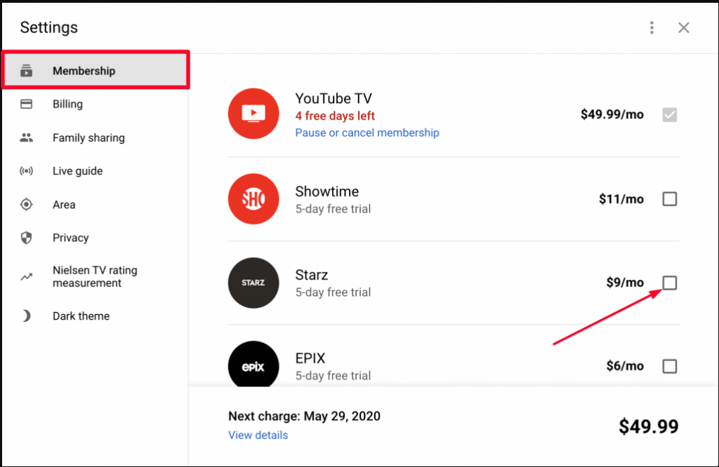 Method to add Starz To Youtube TV 