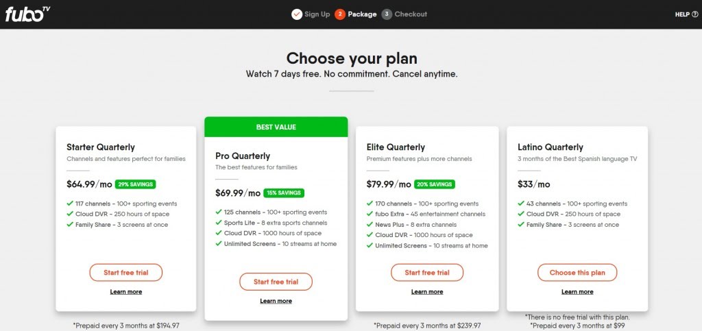 fuboTV Free Trial- choose the plan