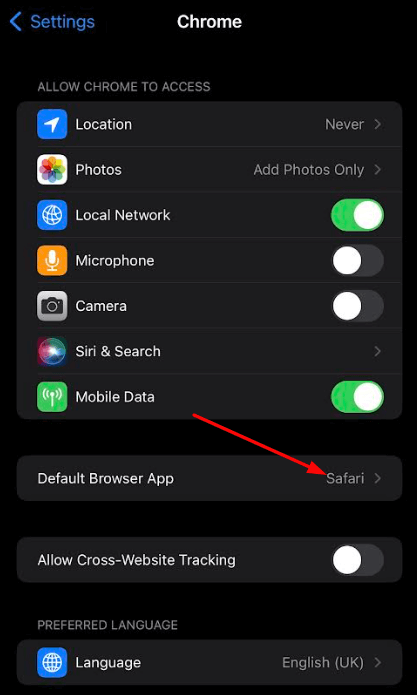Select Chrome as Default app on your iPhone