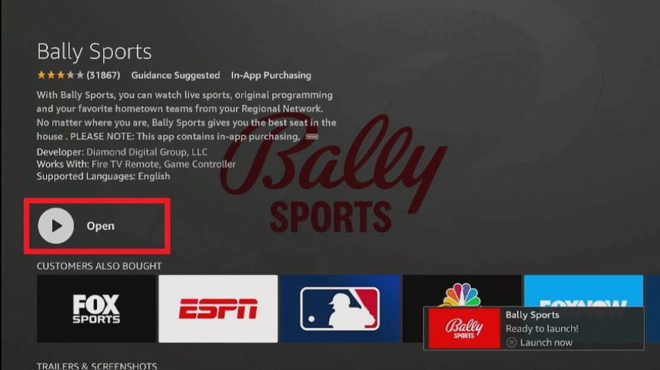  click Open to launch  Bally Sports onFirestick.