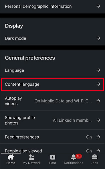 Click on Content Language option