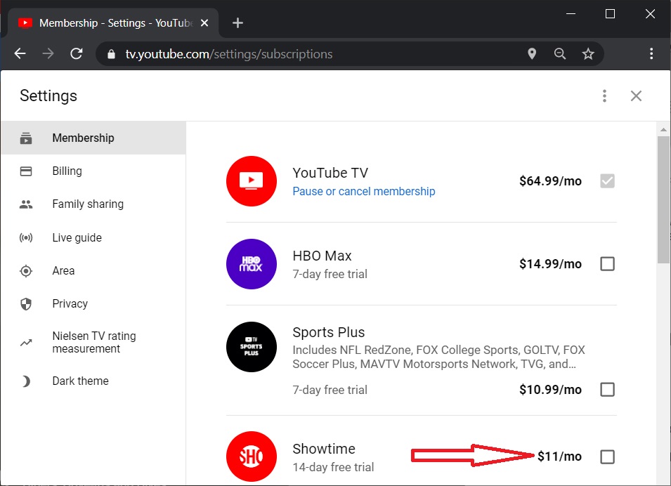 Add Showtime on YouTube TV on PC