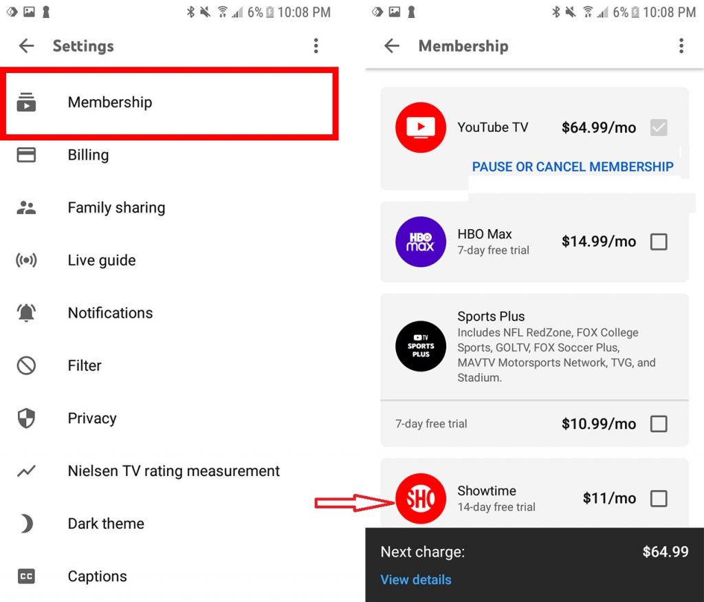 Add Showtime on YouTube TV on Android