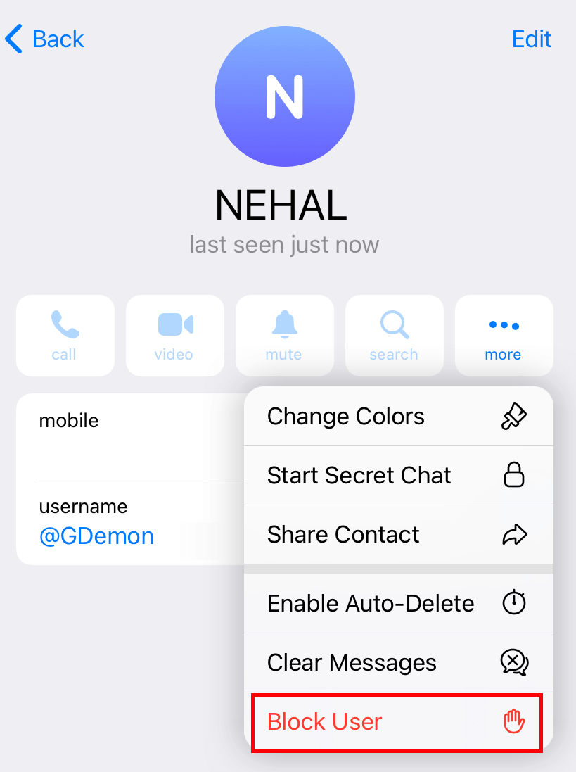 Block user on Telegram
