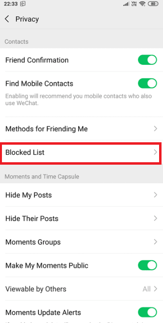 Tap on blocked list to unblock someone on WeChat
