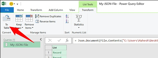 How to Convert JSON to Excel - click the To Table option.