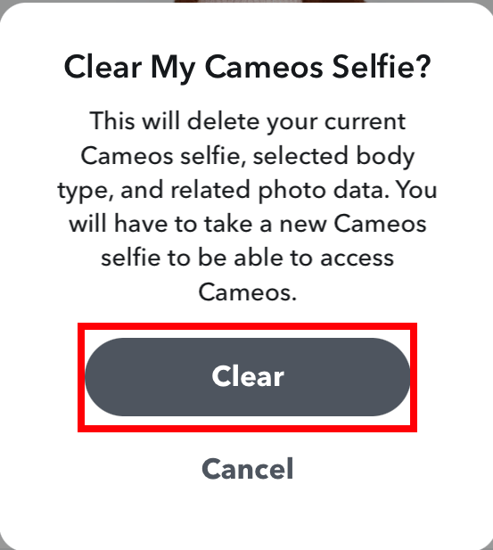 Tap Clear to Delete Snapchat Cameo