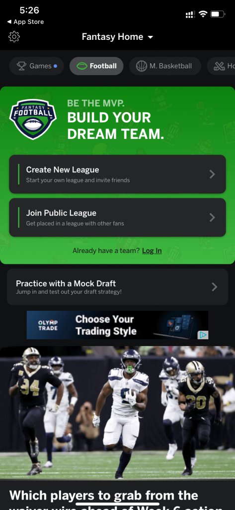 Enabled the dark mode on ESPN Fantasy Sports app