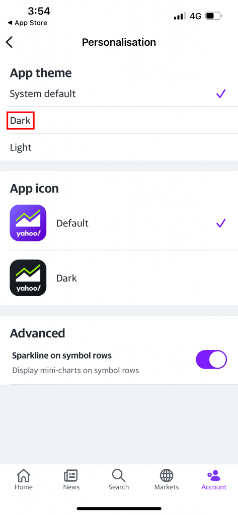 Click on the Dark option to turn on dark mode on Yahoo Finance 