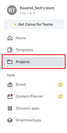 Projects Tab on Canva