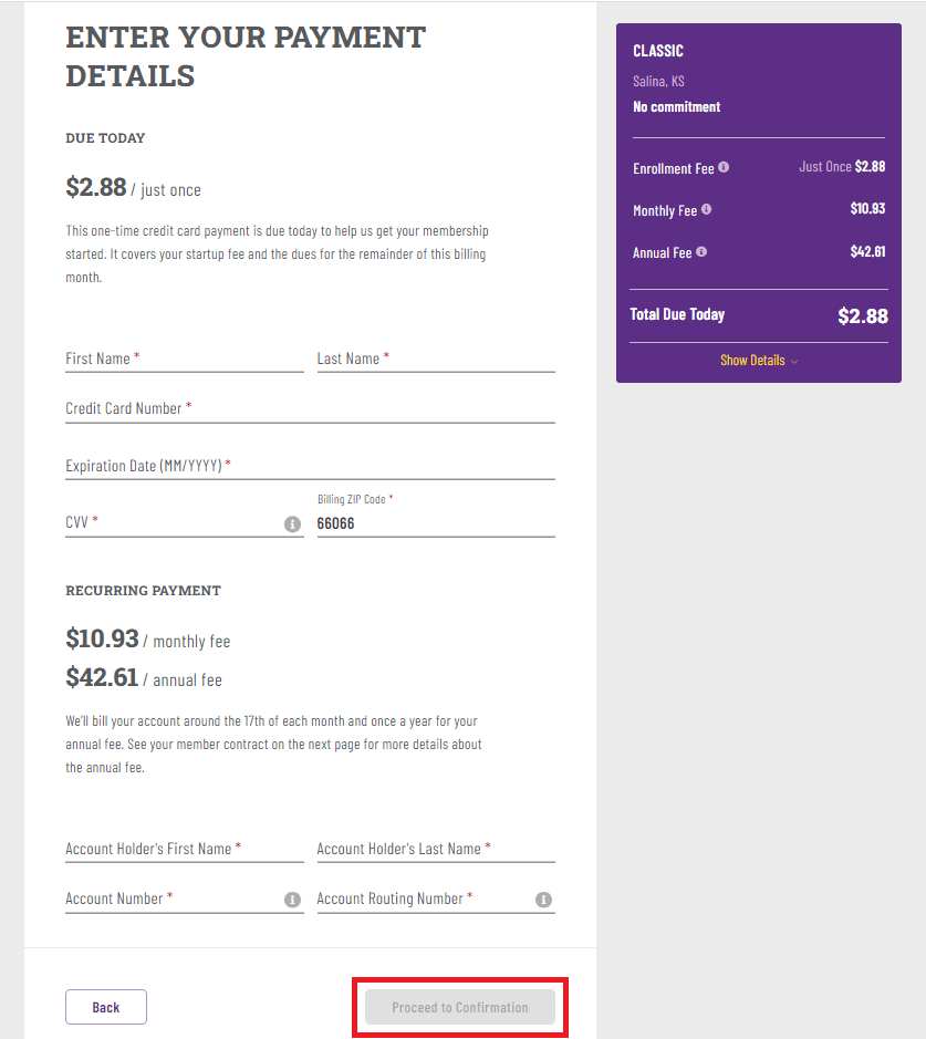 Enter payment details to get Planet Fitness Free Trial