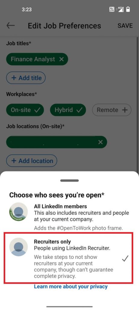 Choose the Recruiters only option to Turn Off Open to Work on LinkedIn