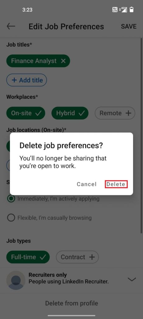 tap Delete to Turn Off Open to Work on LinkedIn