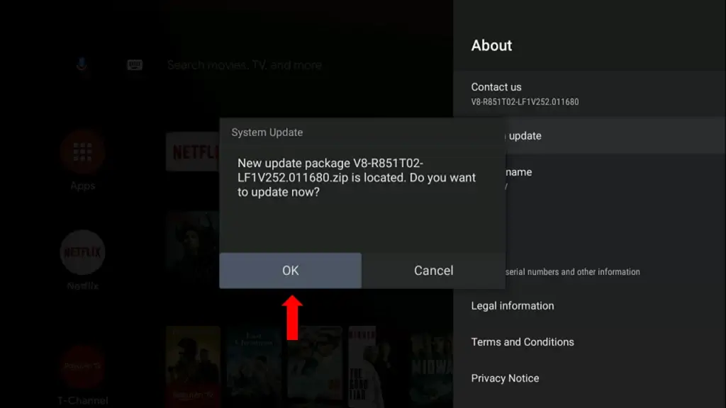 press Ok to Update TCL TV