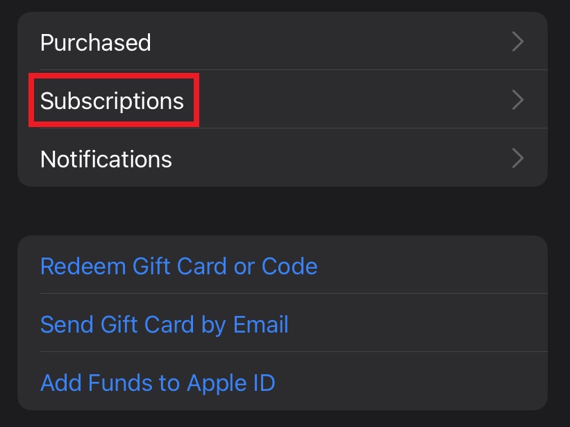 Subscriptions menu on App Store