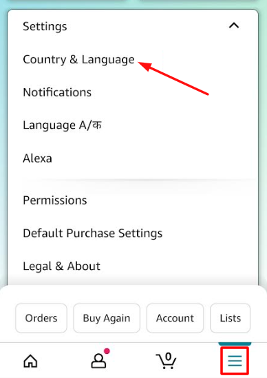Click on Settings to change the language on Amazon App