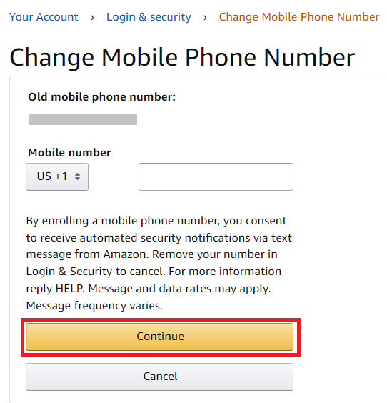 Change phone number on Amazon browser