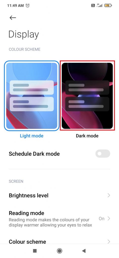 Tap on the Dark Mode option.