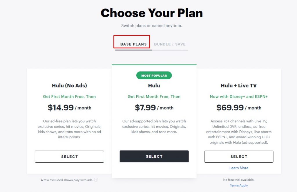 Choosing the plan for Hulu free trial