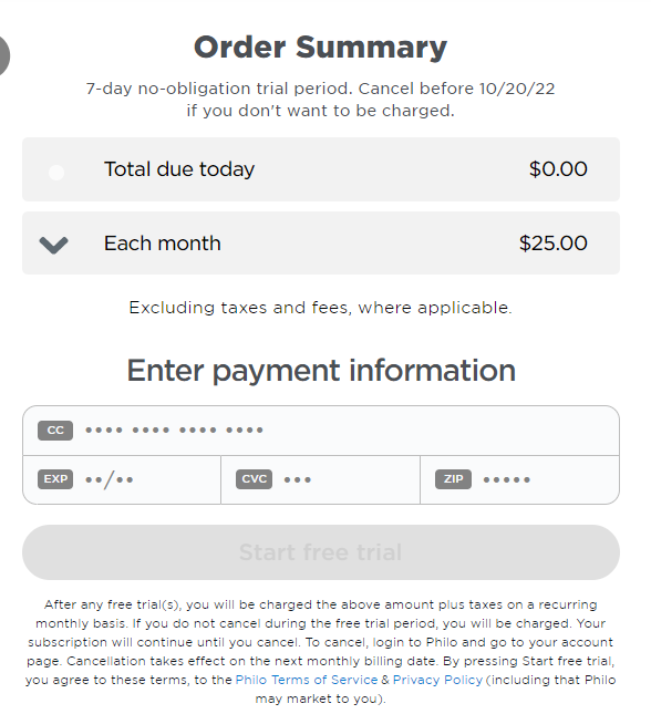 Enetr your payment details and start your Philo Free trial