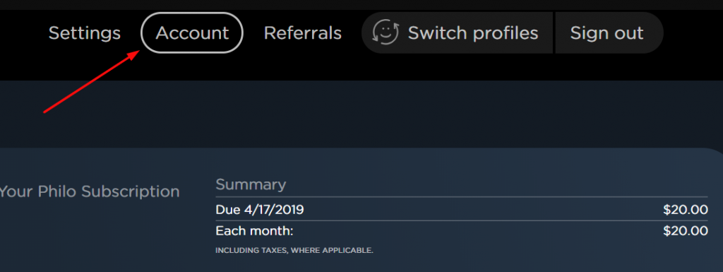 Click Account tab on Philo profile 