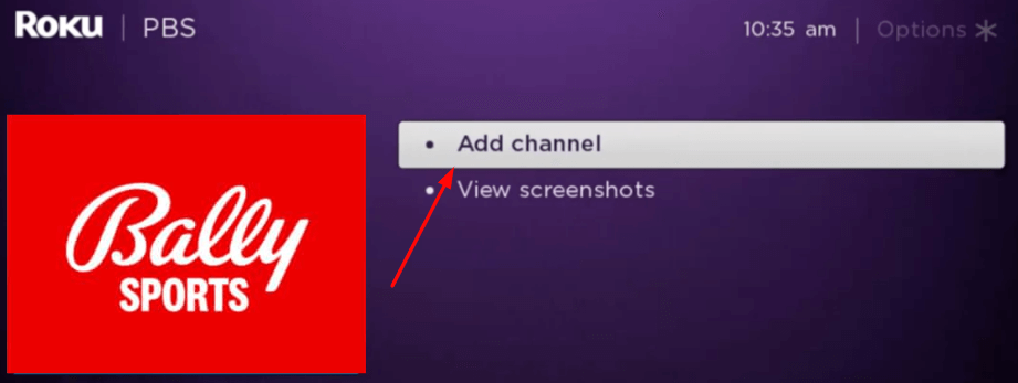 Click Add channel to stream Bally Sports on Roku device