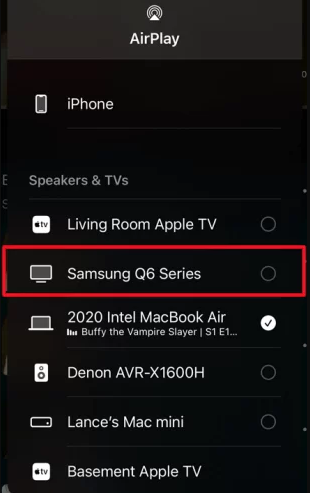 Select Samsung TV to AirPlay TOD contents
