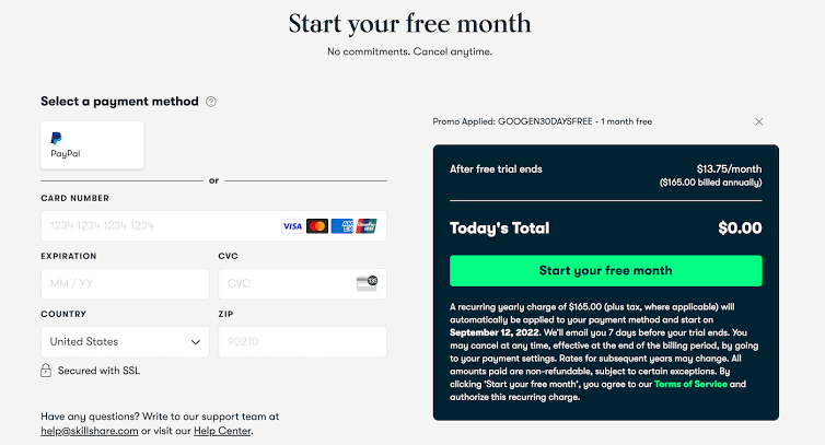 Skillshare Free Trial - Enter the payment details