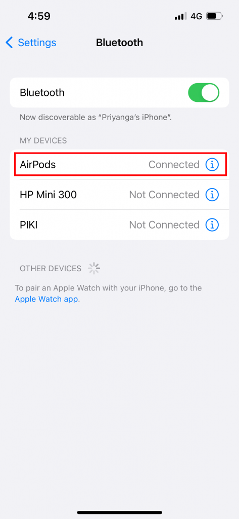 Hit on the blue i icon next to your Airpods.