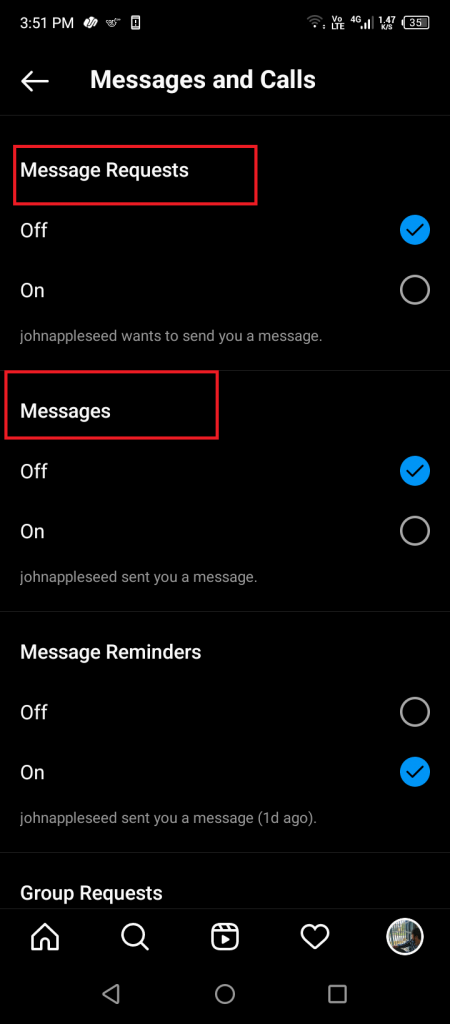 turn off Instagram read receipts by disabling notifications